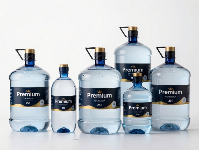 Premium packaged drinking water bottles of various sizes, 250ml to 20L jars, pristine clean background with water droplet reflections