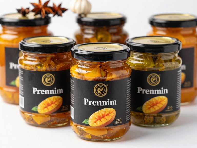 Traditional Indian pickles in premium glass jars, mango and garlic pickles visible, warm golden lighting, rustic spices in background