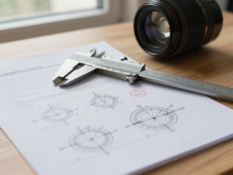 Close-up of a professional engineering report with official stamps and technical diagrams, resting on a clean wooden desk next to a steel caliper, natural window light
