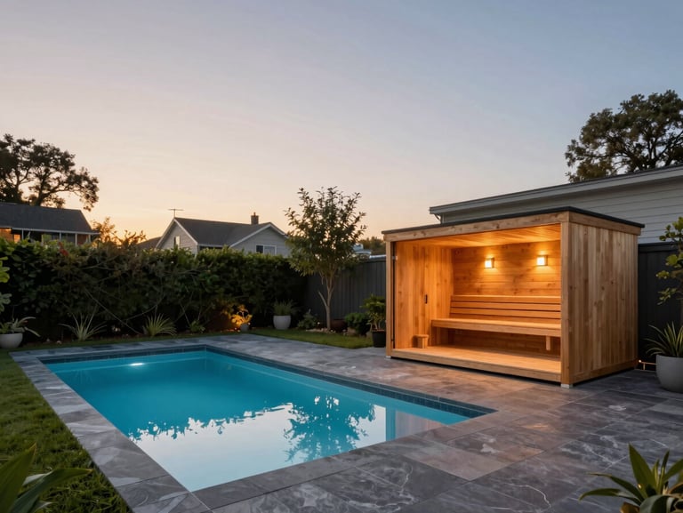 Wide-angle twilight shot of an imaginative backyard featuring a zero-edge pool and custom cedar sauna, 35mm