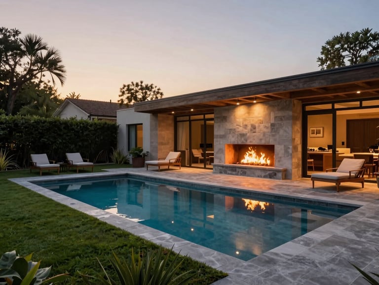 Wide-angle twilight photograph of a luxury backyard oasis, featuring a custom zero-edge pool as a liquid anchor, integrated outdoor fireplace, and warm structural wood accents.