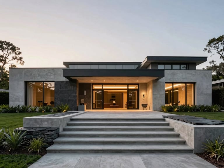 Wide-angle twilight photograph of a grand modern estate entrance, architectural concrete steps, strategic slate hardscaping, and minimalist structural plantings.
