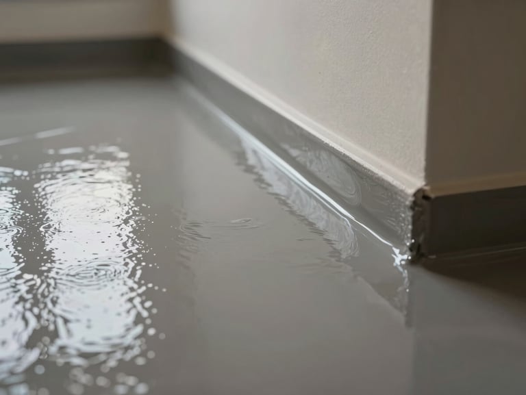 Close-up floor-level shot of an epoxy flooring application in a residential room, wet epoxy surface reflecting ambient window light, seamless grey-toned finish with sharp edge transition at wall base, no people