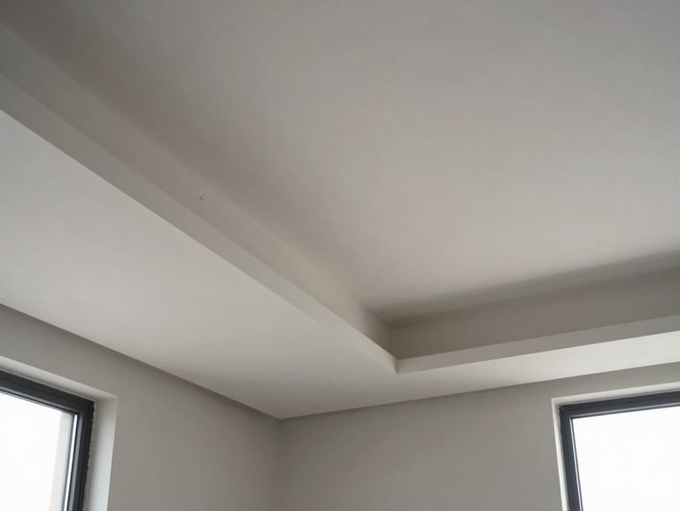 Architectural detail shot of a completed false ceiling with recessed lighting channels, clean gypsum board seams and shadow-line joints visible under diffused daylight from a side window, empty room below showing ceiling scale