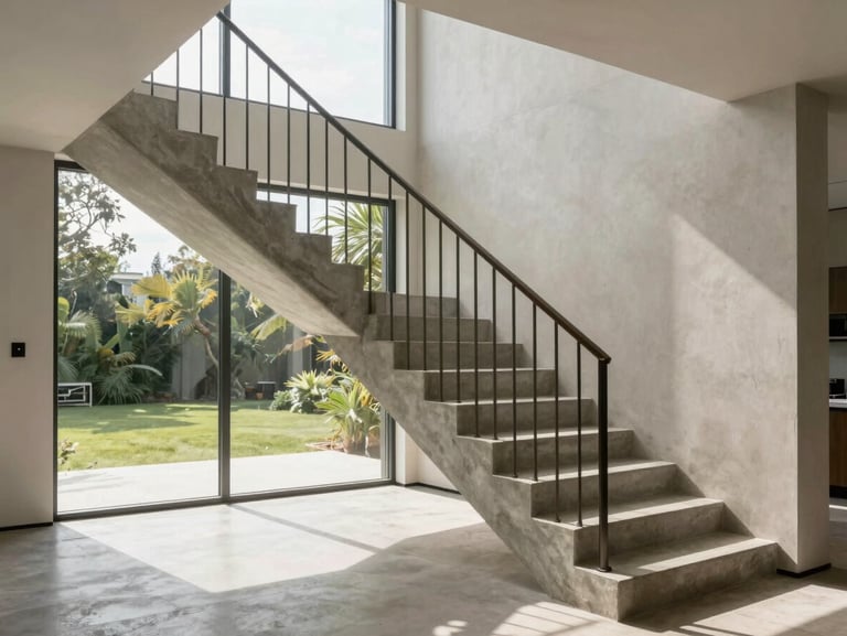 Wide environmental shot of a newly built luxury home interior staircase, natural daylight through full-height glazing casting soft shadows on poured concrete treads and a steel handrail, no people