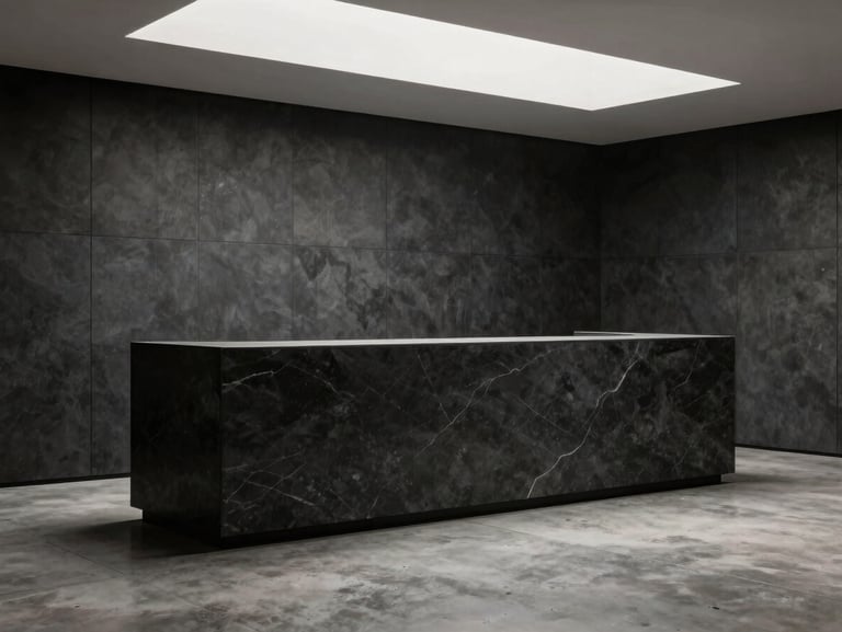 Finished commercial interior fit-out, cool overhead natural light across a reception desk in honed dark stone, polished concrete floor, and flush joinery wall panels in deep charcoal, no people