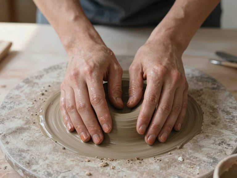 Extreme close-up overhead shot of hands pressing clay on a rough linen-covered table, terracotta pigment visible at fingertips, soft north-facing daylight from the left, no faces
