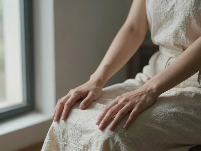 Close-up of a woman's hands resting open on her knees in a seated somatic posture, soft natural light from a tall window to the left, linen fabric visible, no face, contemplative stillness, muted cream and charcoal tones
