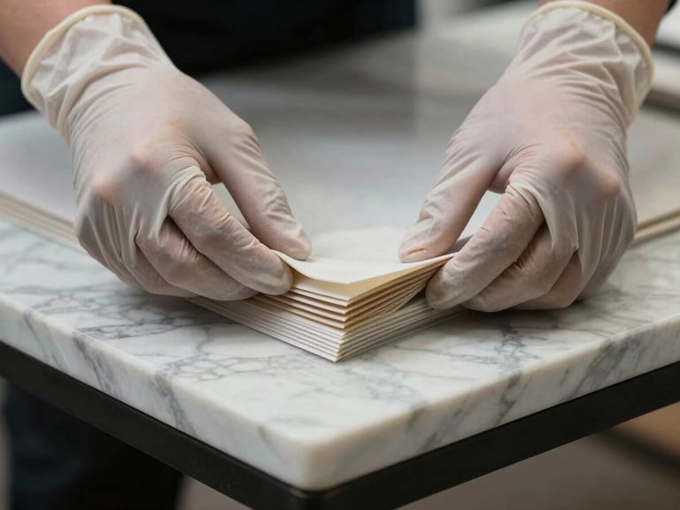 Macro close-up of professional hands wearing clean branded gloves meticulously securing the corners of an expensive marble tabletop with premium multi-layered protective packaging material.