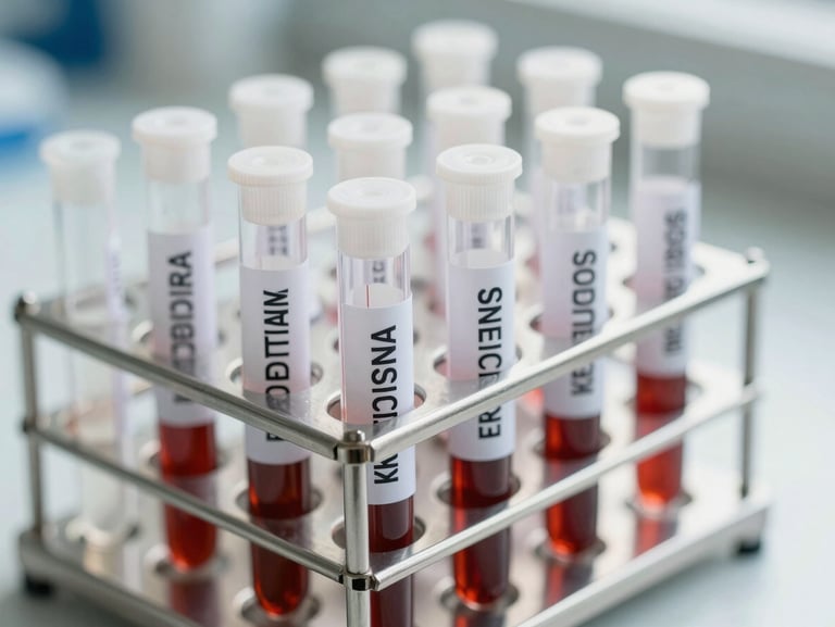 Close-up shot of labeled sample tubes in a modern stainless steel rack, bright clean daylight, clinical precision.