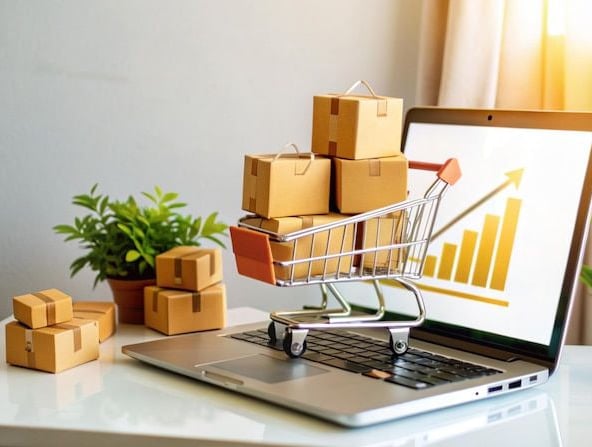 a shopping cartonce with boxes and a shopping carton