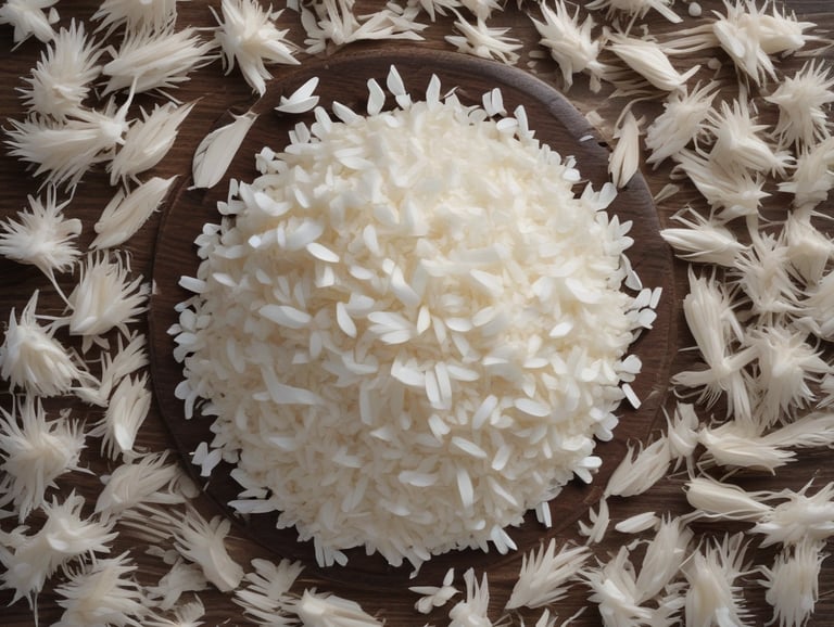 A variety of rice grains displayed in clear glass jars.