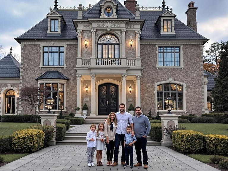 a family in front of large house