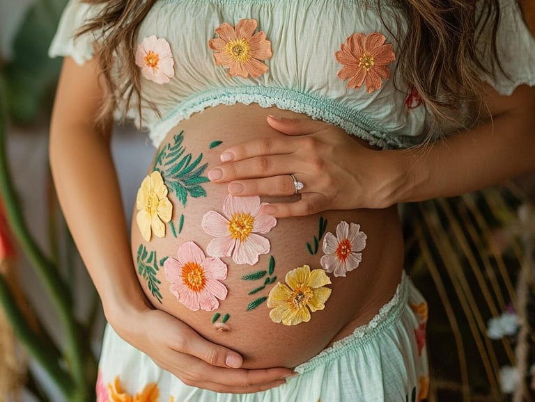 Mujer embarazada tocandose el vientre cubierta de flores