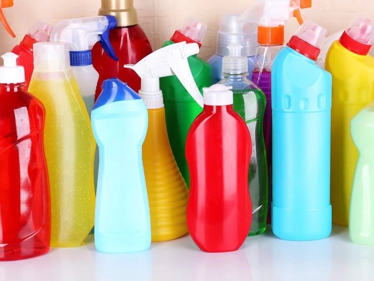 plastic household cleaning products cluttering the home