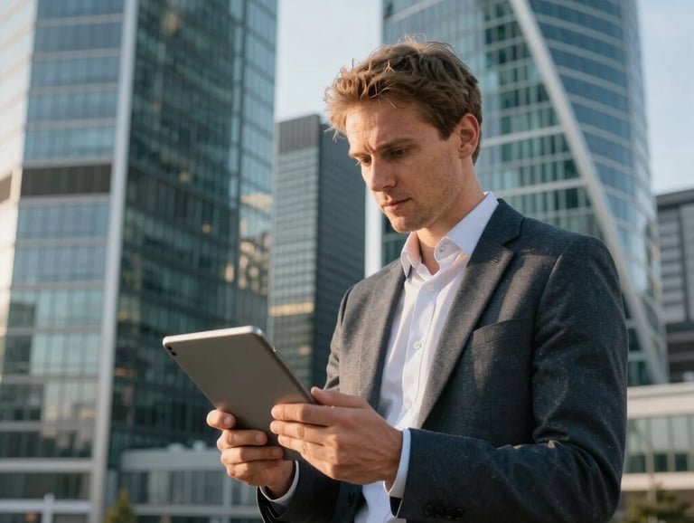 Candid photography of an Estonian business consultant in a smart-casual outfit looking at a tablet against the backdrop of modern Tallinn glass skyscrapers, professional morning light.
