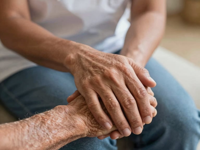 A professional and warm photograph of a caregiver's hand gently holding an elderly person's hand, conveying trust and compassion, soft lighting, Mauritius.