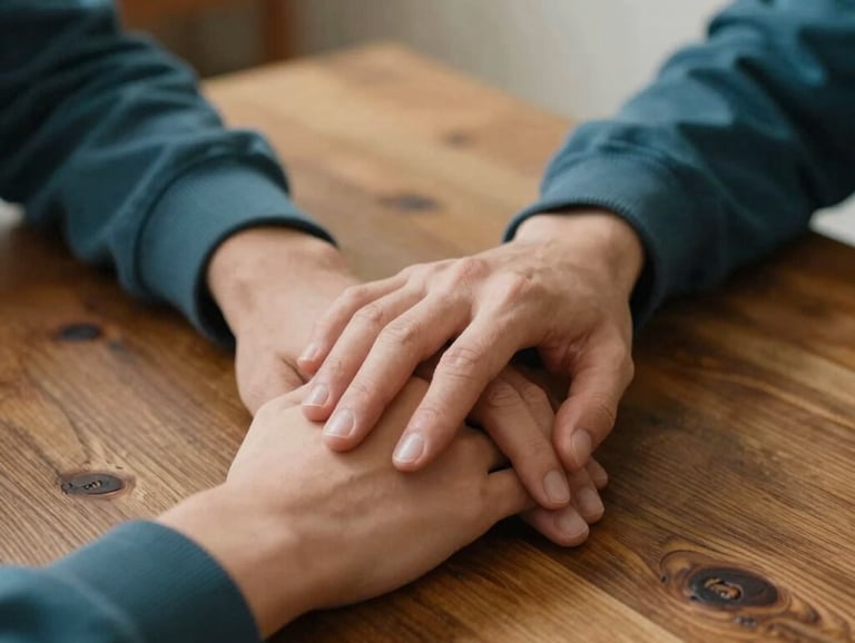 Close-up of two people's hands gently touching on a rustic wooden table in a North American dining room. Warm, soft focus photography emphasizing connection and support. Colors: deep teal, white, and wood tones.