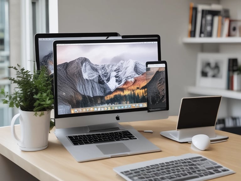 MacBook Pro on table beside white iMac and M