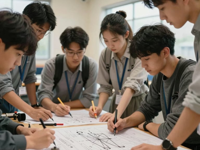 A group of focused students in a bright North American technical classroom, collaborating over blueprints for a sustainable plumbing system, using professional tools under soft, warm lighting.