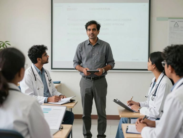 A South Asian / Indian educator leading a professional workshop for a small group of attentive medical professionals, clean bright interior, professional and clinical setting.
