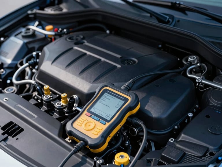 Close-up of a modern clean car engine bay, digital diagnostic tester connected to battery terminals, high-contrast cool daylight, professional work