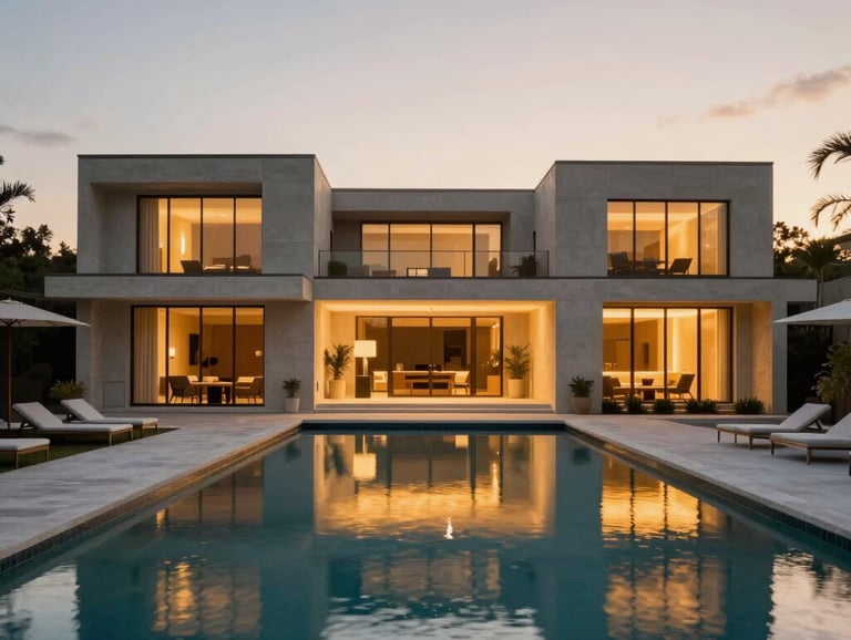 Wide-angle architectural symmetry of a modern waterfront estate in Brickell at twilight, clean lines, warm golden pool light reflecting on concrete, 35mm lens.
