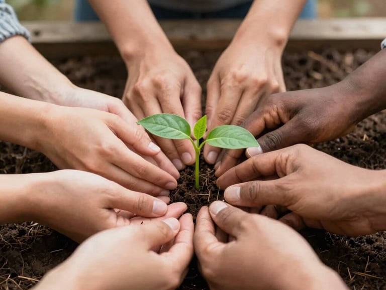 Close-up of diverse hands working together to nurture a small green seedling in rich soil, professional photography, soft daylight, symbolizing growth and hope, International / Diverse Communities.