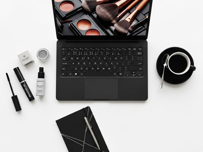 Flat lay of black laptop with makeup brushes on screen, mascara, and coffee on a white desk.