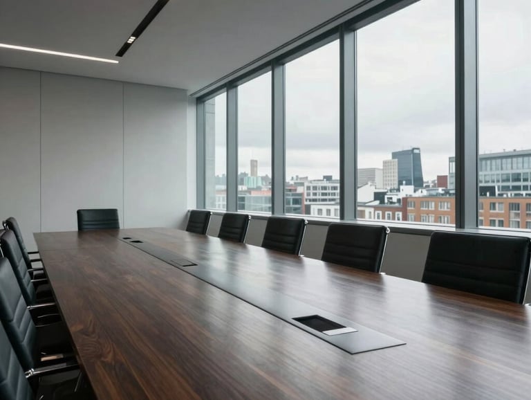 An extreme wide-angle view of a stark, modern corporate boardroom in London, overcast daylight filtering through floor-to-ceiling windows, sharp steel and dark oak textures.