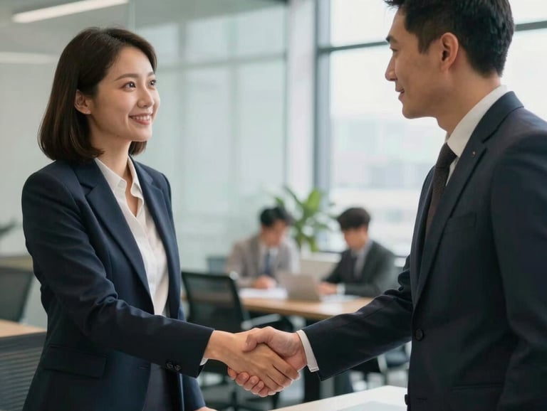 A high-quality, professional photo of two community leaders in a modern office in the US, shaking hands while looking at a site plan, symbolizing collaboration and trust.
