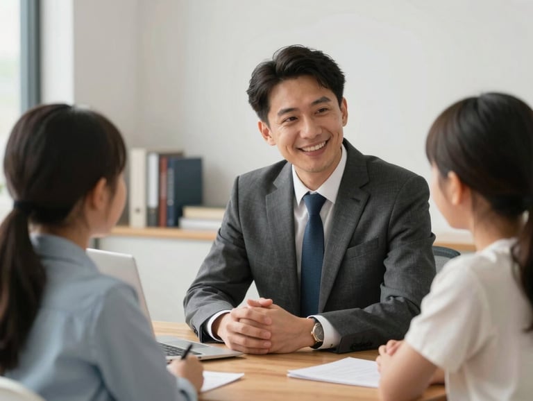 A professional North American / US attorney in a business casual suit speaking warmly to a young family. The setting is a bright, airy office with books and a wooden desk, emphasizing reliability and empathy.