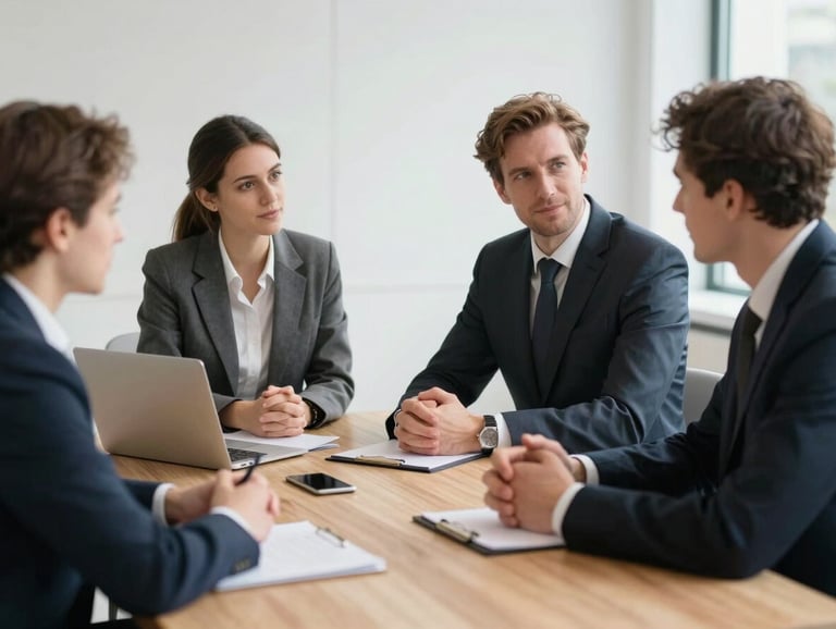 A professional Northern European business meeting environment with clean aesthetics, soft focus on people discussing strategy around a light wood table.