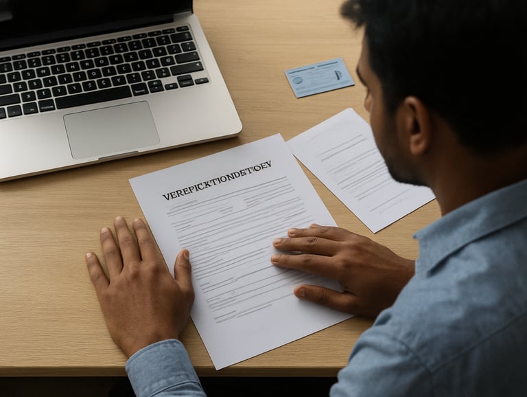Overhead view of an Indian man reviewing a printed verification report on a desk beside a laptop, document pages and a PAN card visible nearby, clean office desk, natural daylight, hands resting on the report