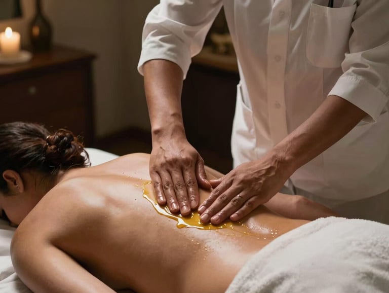 South Asian therapist's hands applying golden massage oil to a client's back in a dimly lit, professional luxury treatment room.