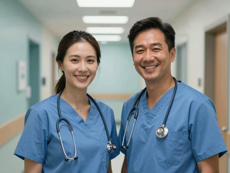 A portrait of two healthcare professionals in North American medical attire, smiling warmly and standing in a modern clinic hallway. The background is softly blurred, showing muted teal walls and bright, even lighting, conveying trust and professionalism.