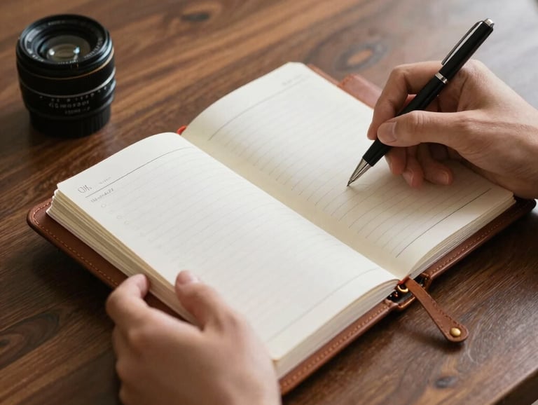 A close-up photograph of hands holding a leather-bound planner and a pen on a polished walnut table, suggesting careful planning and financial seriousness in a North American setting.
