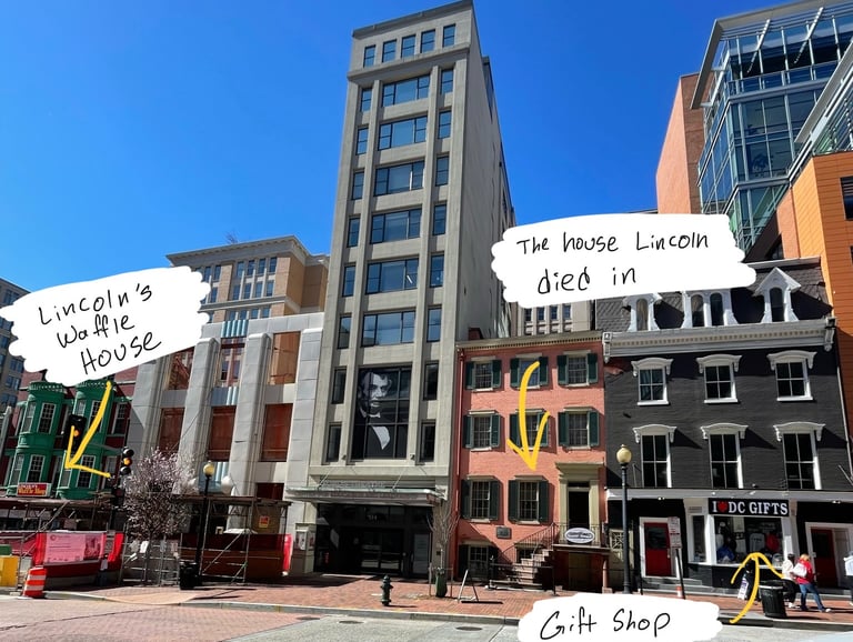 A picture showing Lincoln's waffle House, a gift shop and the house where Lincoln died