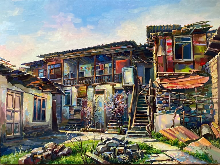 Original cityscape painting by Meruzhan Khachatryan depicting traditional urban architecture