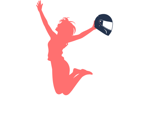 Frau-freudig-springend-mit-Motorradhelm-stilisiert-dirtblue-coral