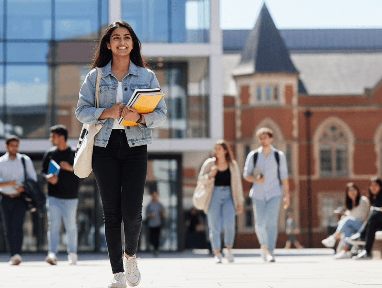 A young Pakistani student walking through a British university campus, exuding fresh, youthful energy in bright daylight.