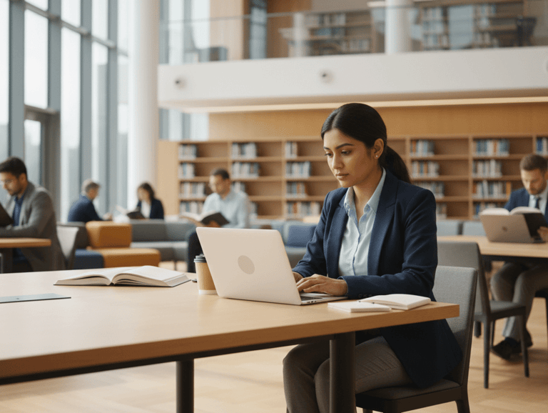 A Pakistani professional in their mid-20s, in a modern UK university library, embodying a focused postgraduate atmosphere.