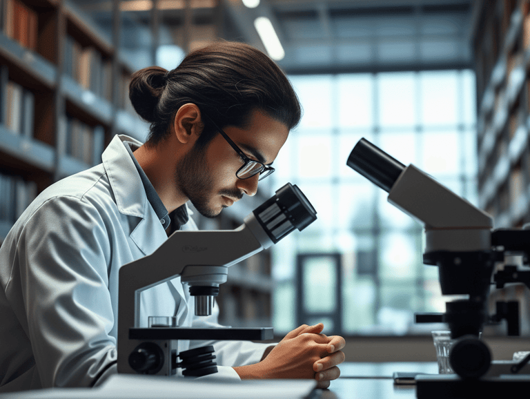 A South Asian student (Pakistani) doing research with a microscope.
