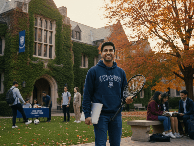 Pakistani undergraduate at a prestigious American university campus, featuring ivy-covered buildings
