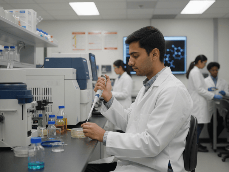 Pakistani researcher in an American university laboratory, working on cutting-edge research with advanced equipment