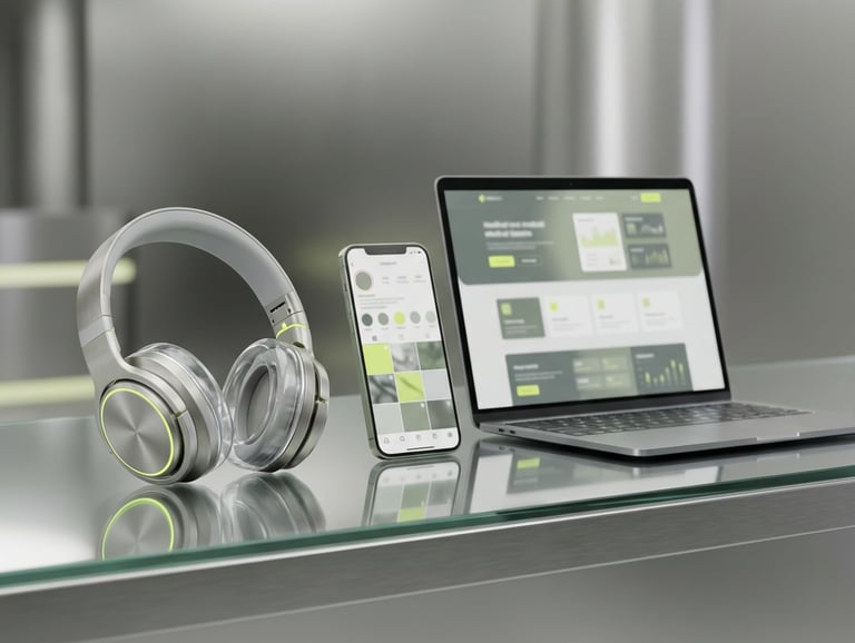 Um laptop e fones de ouvido sobre uma mesa para representar o podcast saúde que abraça