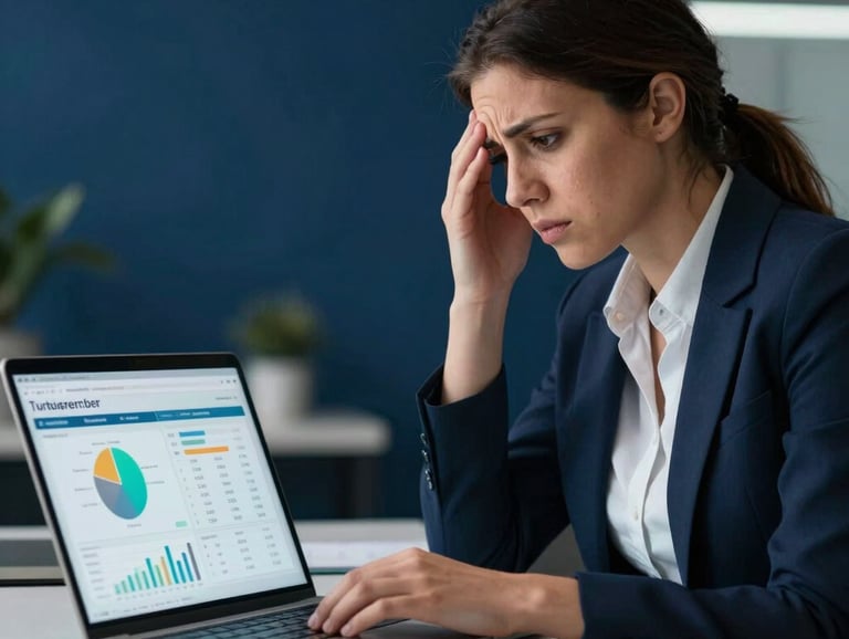 A worried HR manager in a South American / Brazilian corporate office setting looking at laptop screen showing turnover analytics. High contrast, clean modern workspace, emotional realism, deep navy blue shadows and soft mint highlights.