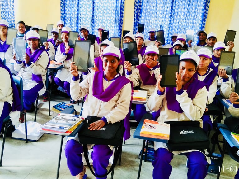 Students of EduExl showing their tablets
