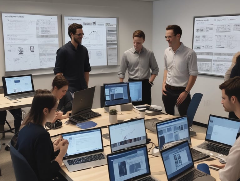 a group of people standing around a table with laptops and some screens with dashboards and promts