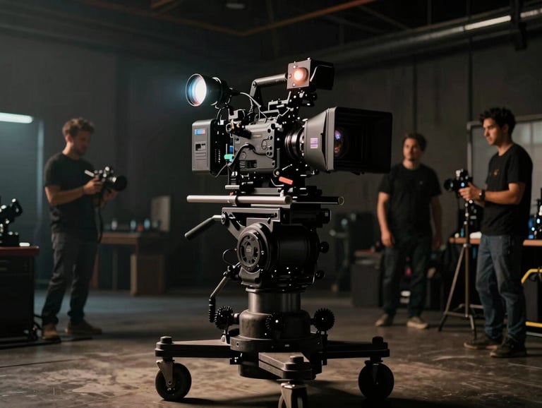 Professional behind-the-scenes set photography of a high-end cinema camera rig on a dolly, dramatic low-key chiaroscuro lighting with anamorphic lens flares, crew members in soft focus in a dark industrial studio setting, 35mm film photography.